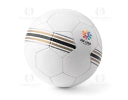 Black and orange PVC soccer ball, spherical, used in sports competitions.