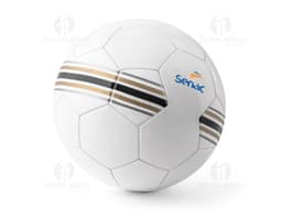 Black and orange PVC soccer ball, spherical, used in sports competitions.