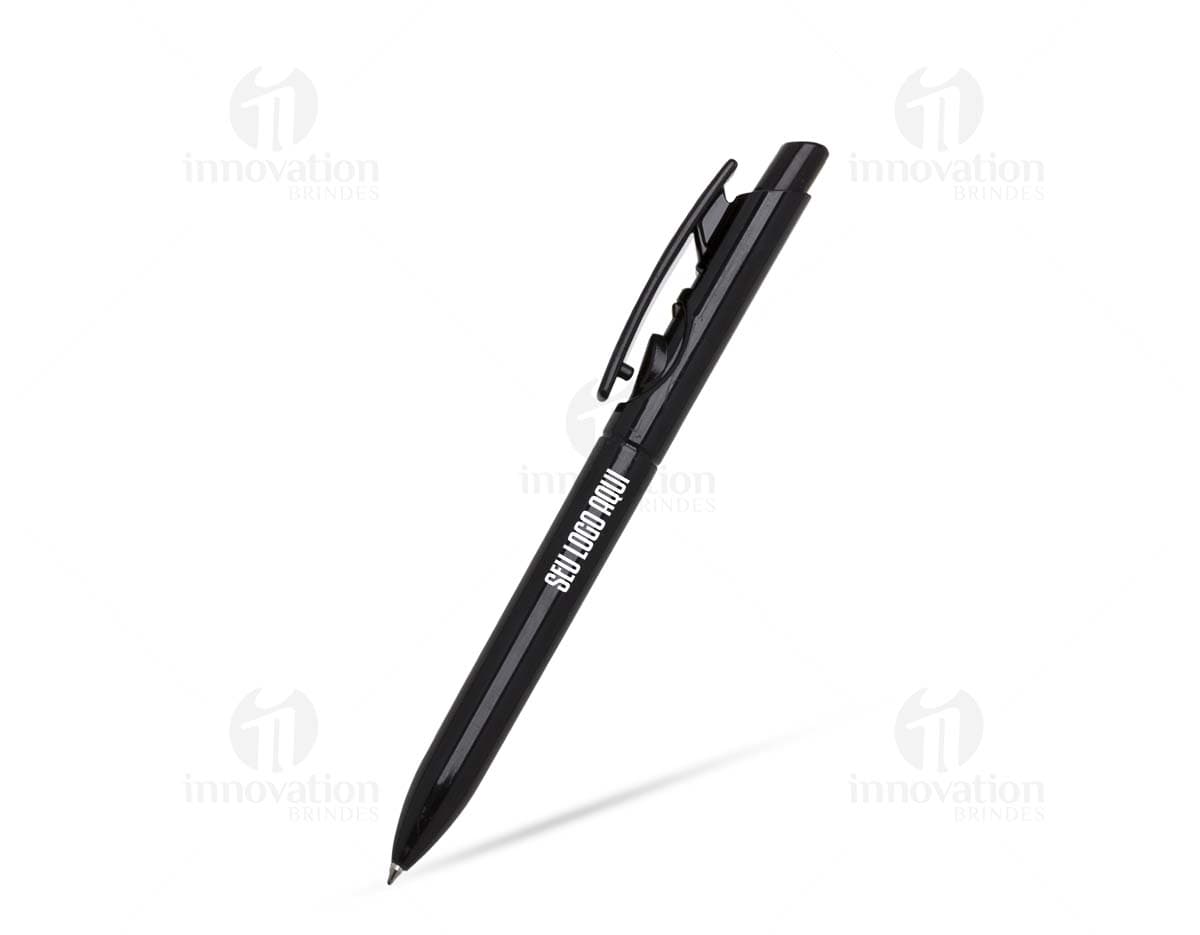 Caneta plástica preta com ponta afiada, ideal para escrever, desenhar e assinar documentos. Feita de material plástico resistente, possui tinta na cor preta e é um utensílio essencial para atividades de escritório, estudo e negócios.