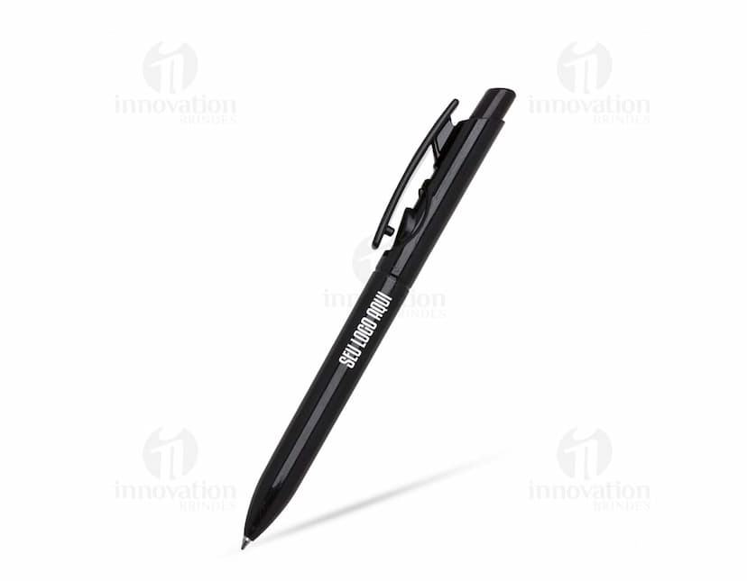 Caneta plástica preta com ponta afiada, ideal para escrever, desenhar e assinar documentos. Feita de material plástico resistente, possui tinta na cor preta e é um utensílio essencial para atividades de escritório, estudo e negócios.