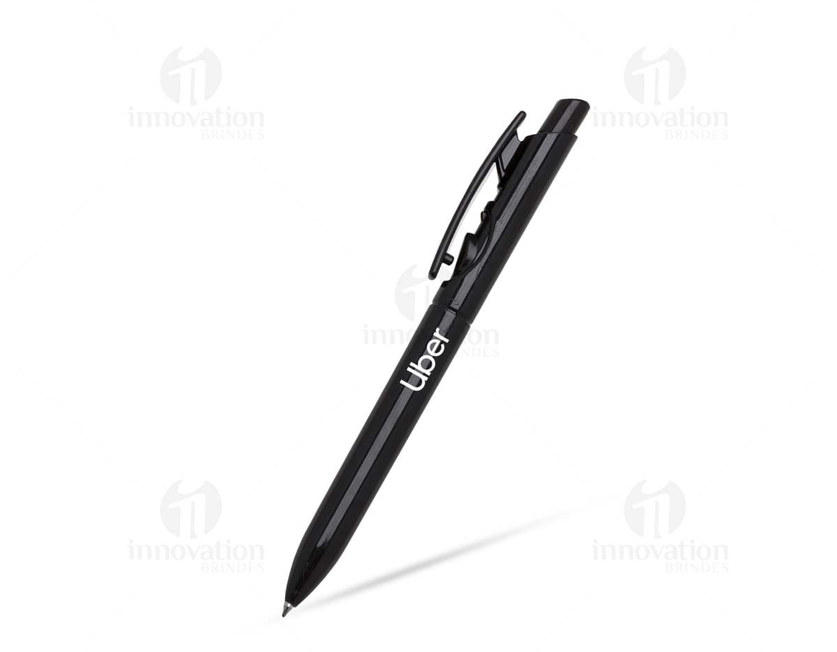 Caneta plástica preta com ponta afiada, ideal para escrever, desenhar e assinar documentos. Feita de material plástico resistente, possui tinta na cor preta e é um utensílio essencial para atividades de escritório, estudo e negócios.