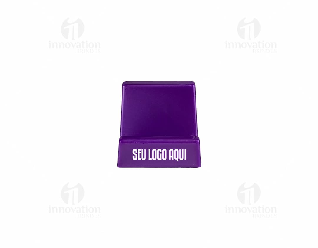 Suporte para celular preto em formato de mesa, com ajuste de inclinação e rotação. O celular na imagem está posicionado na vertical.