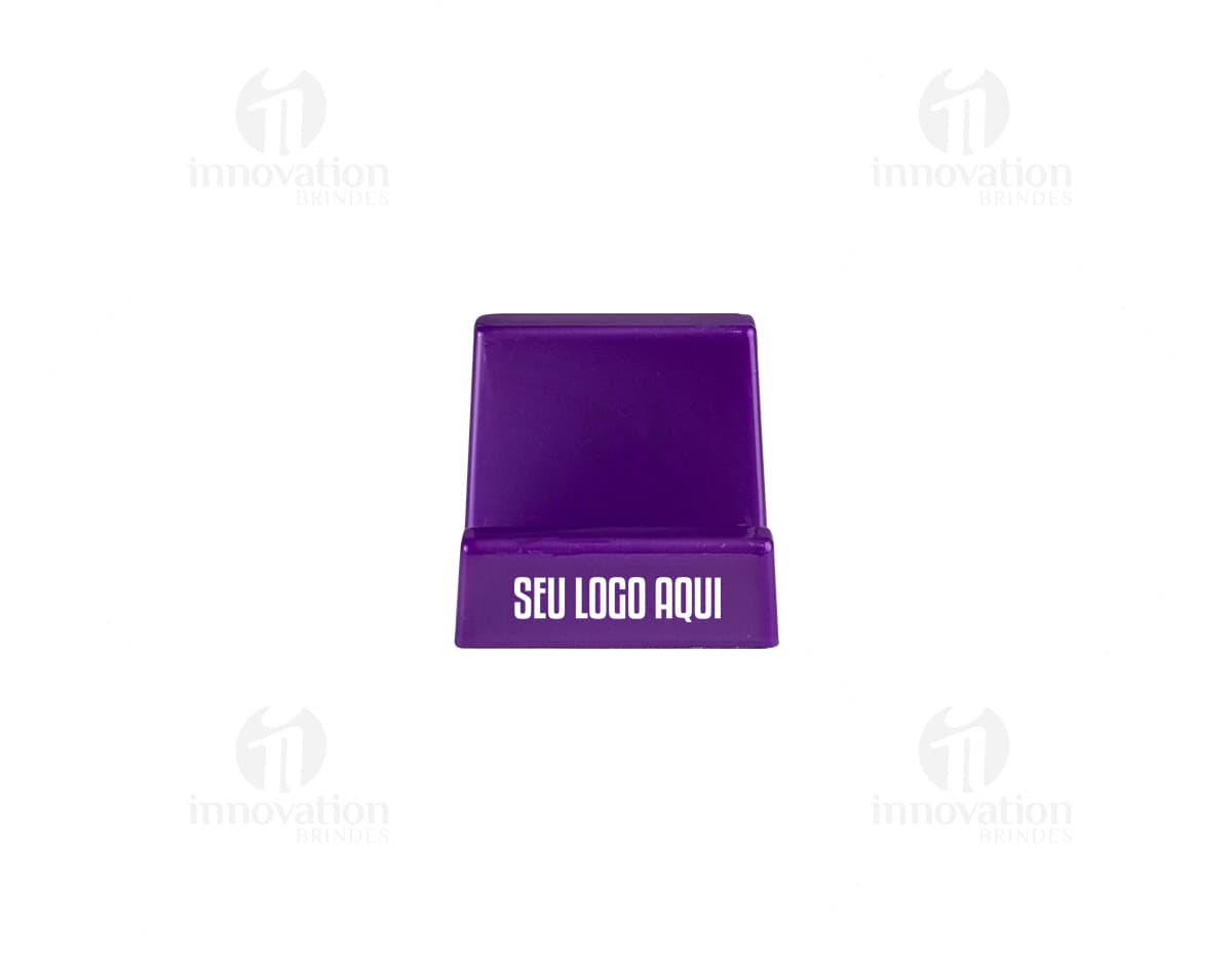 Suporte para celular preto em formato de mesa, com ajuste de inclinação e rotação. O celular na imagem está posicionado na vertical.