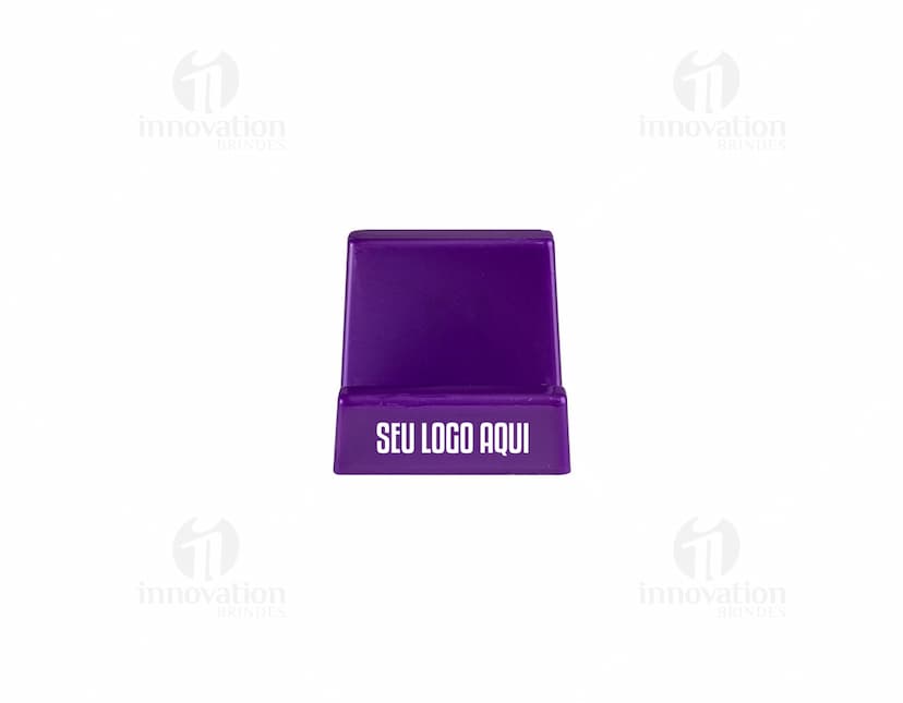 Suporte para celular preto em formato de mesa, com ajuste de inclinação e rotação. O celular na imagem está posicionado na vertical.