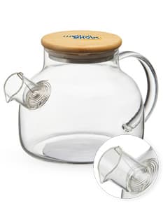 Chaleira de Vidro 800ml transparente com tampa de metal e alça de plástico preto em fundo branco.