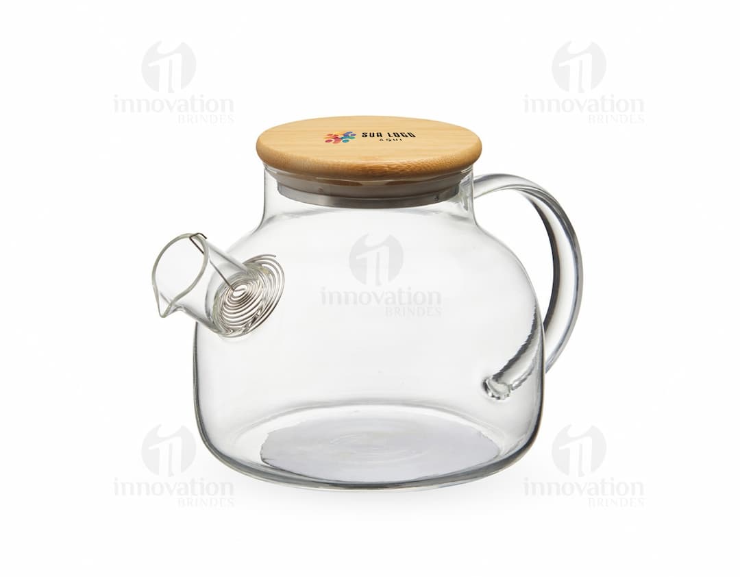 Chaleira de Vidro 800ml transparente com tampa de metal e alça de plástico preto em fundo branco.