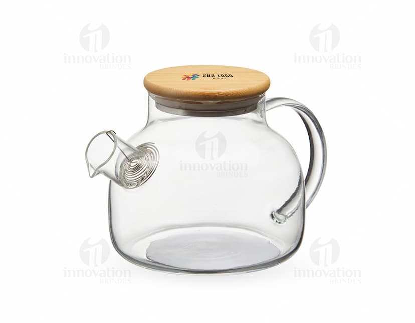 Chaleira de Vidro 800ml transparente com tampa de metal e alça de plástico preto em fundo branco.