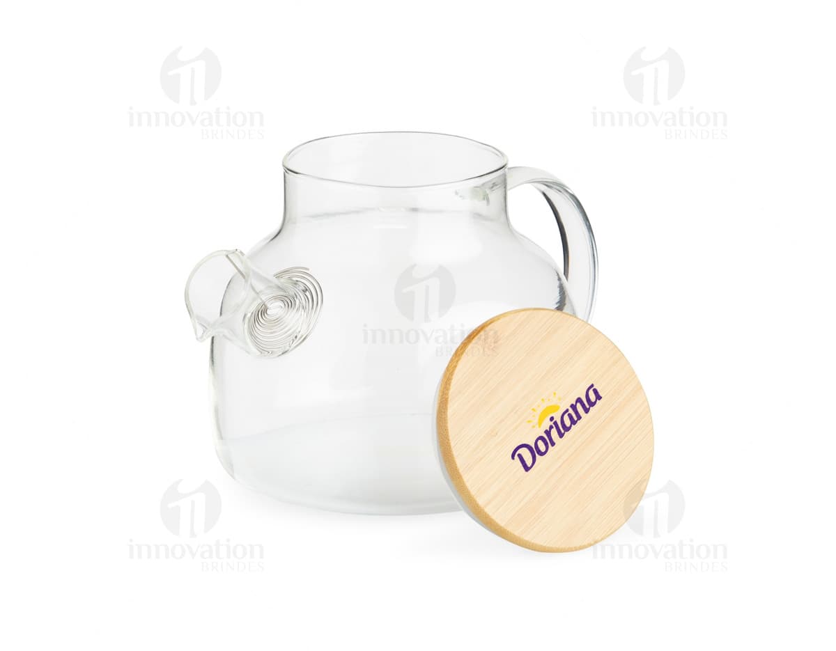 Chaleira de Vidro 800ml transparente com tampa de metal e alça de plástico preto em fundo branco.