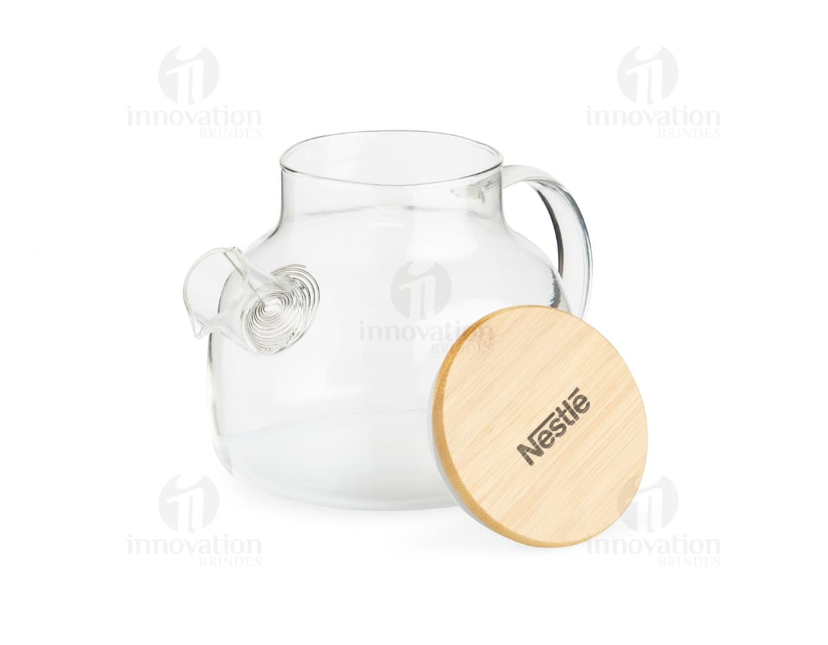 Chaleira de Vidro 800ml transparente com tampa de metal e alça de plástico preto em fundo branco.