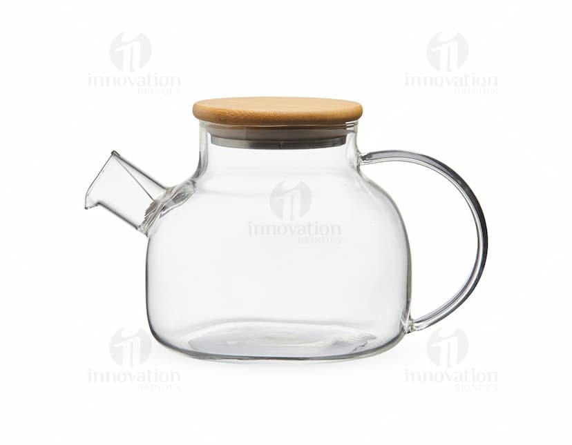 Chaleira de Vidro 800ml transparente com tampa de metal e alça de plástico preto em fundo branco.