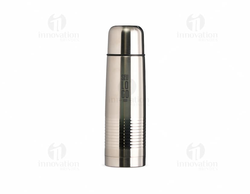 Garrafa Térmica 500ml em aço inoxidável com tampa de rosca e alça de transporte. Cor preta e design elegante.