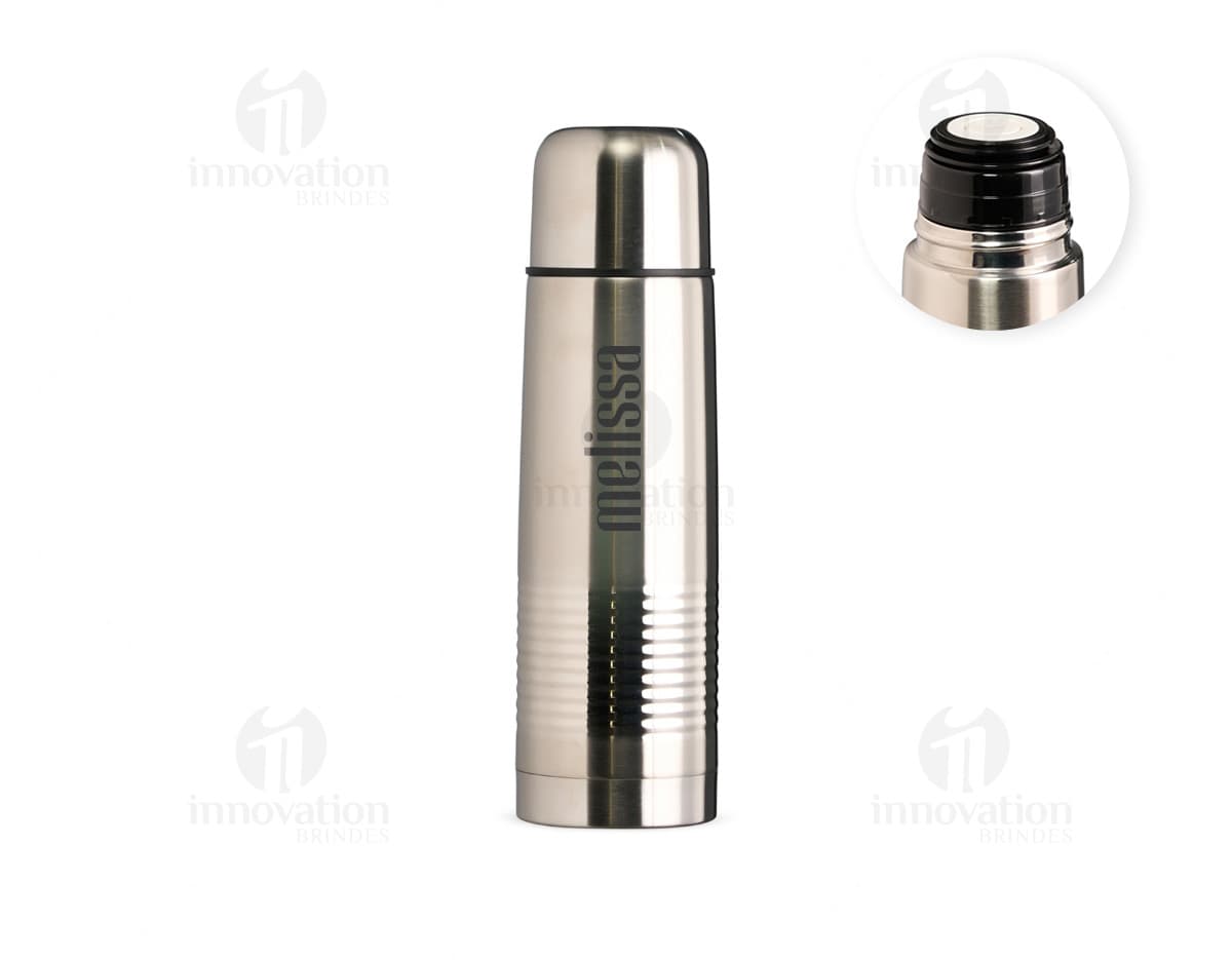 Garrafa Térmica 500ml em aço inoxidável com tampa de rosca e alça de transporte. Cor preta e design elegante.