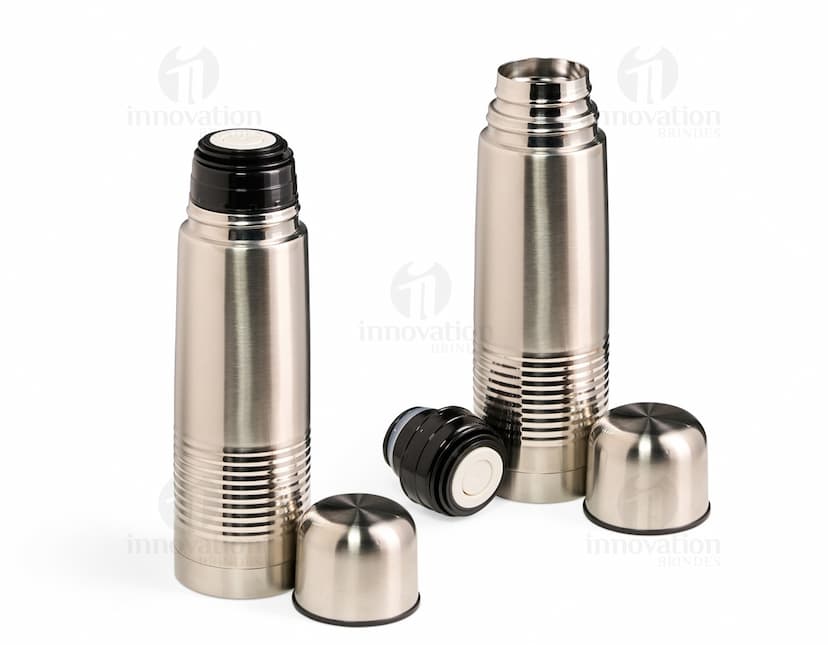 Garrafa Térmica 500ml em aço inoxidável com tampa de rosca e alça de transporte. Cor preta e design elegante.
