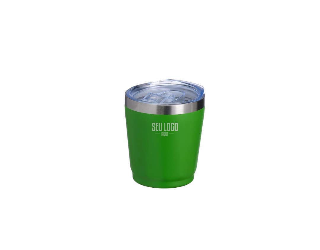 Copo Térmico 200ml na cor azul, feito de aço inoxidável com tampa de rosca e dupla camada para manter a temperatura da bebida por mais tempo.