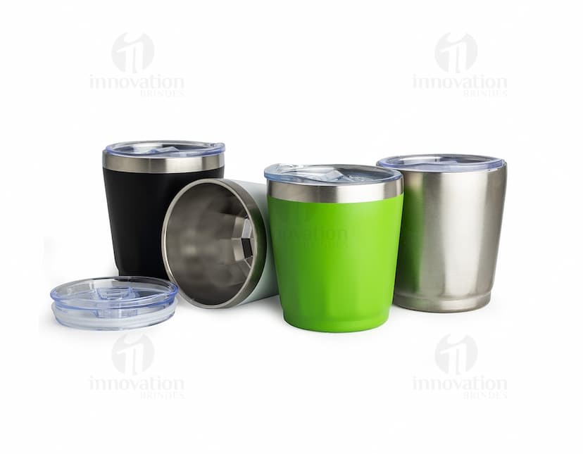 Copo Térmico 200ml na cor azul, feito de aço inoxidável com tampa de rosca e dupla camada para manter a temperatura da bebida por mais tempo.