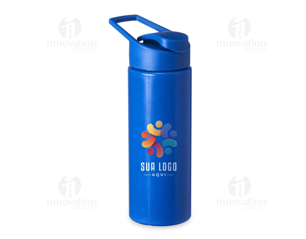 Squeeze Plástico 550ml transparente com tampa azul e detalhes em relevo.