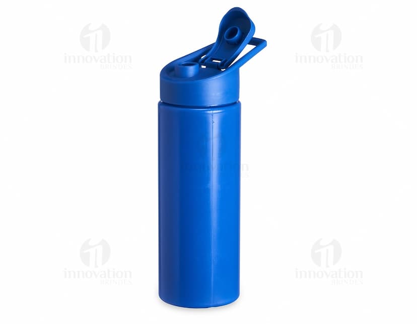 Squeeze Plástico 550ml transparente com tampa azul e detalhes em relevo.