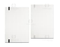 Caderno A5 Reciclado com capa dura marrom e elástico azul. Páginas lisas, feito de material reciclado.