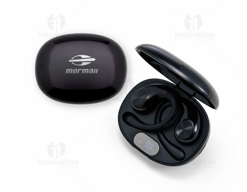 Fone de ouvido de condução óssea em cor preta, com design moderno e tecnologia avançada.