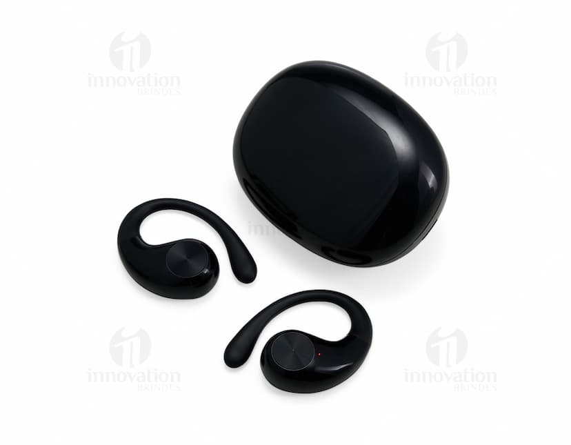 Fone de ouvido de condução óssea em cor preta, com design moderno e tecnologia avançada.
