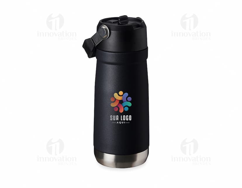 Garrafa térmica 550ml em aço inoxidável, na cor preta, com tampa rosqueável e alça emborrachada.