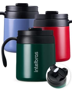 Caneca Térmica 350ml na cor azul, com tampa e alça para segurar.