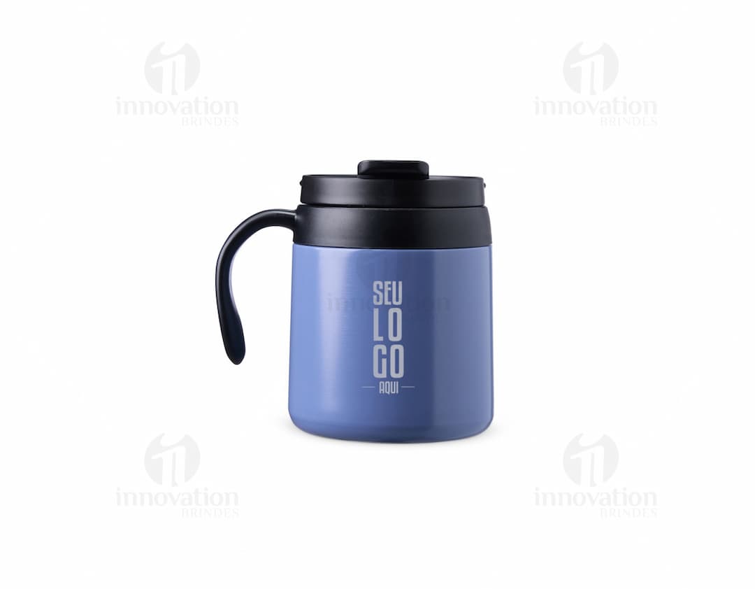 Caneca Térmica 350ml na cor azul, com tampa e alça para segurar.