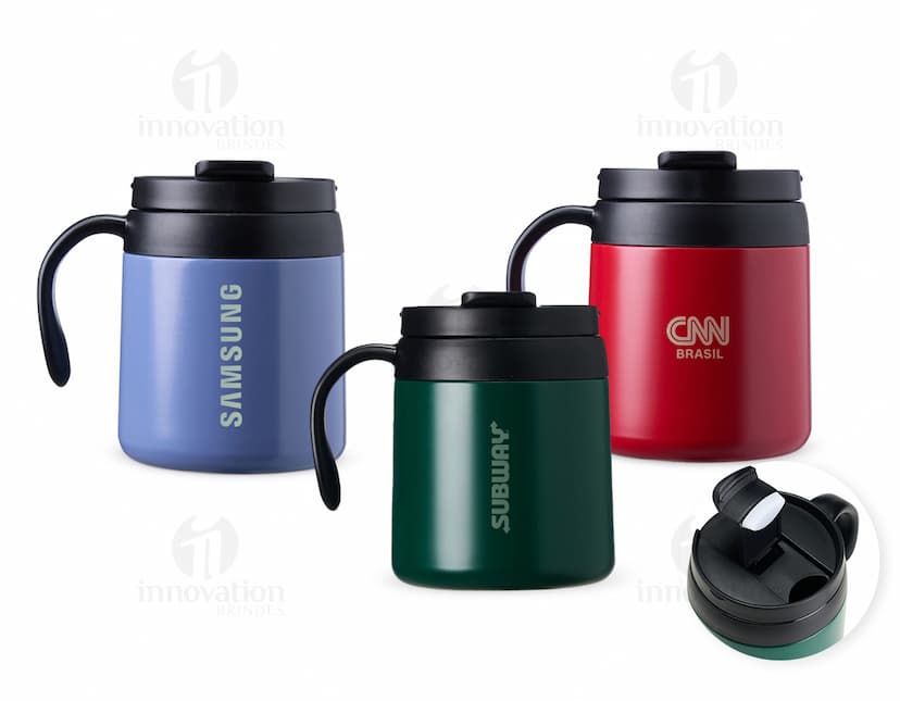 Caneca Térmica 350ml na cor azul, com tampa e alça para segurar.