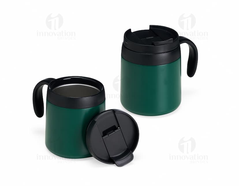 Caneca Térmica 350ml na cor azul, com tampa e alça para segurar.