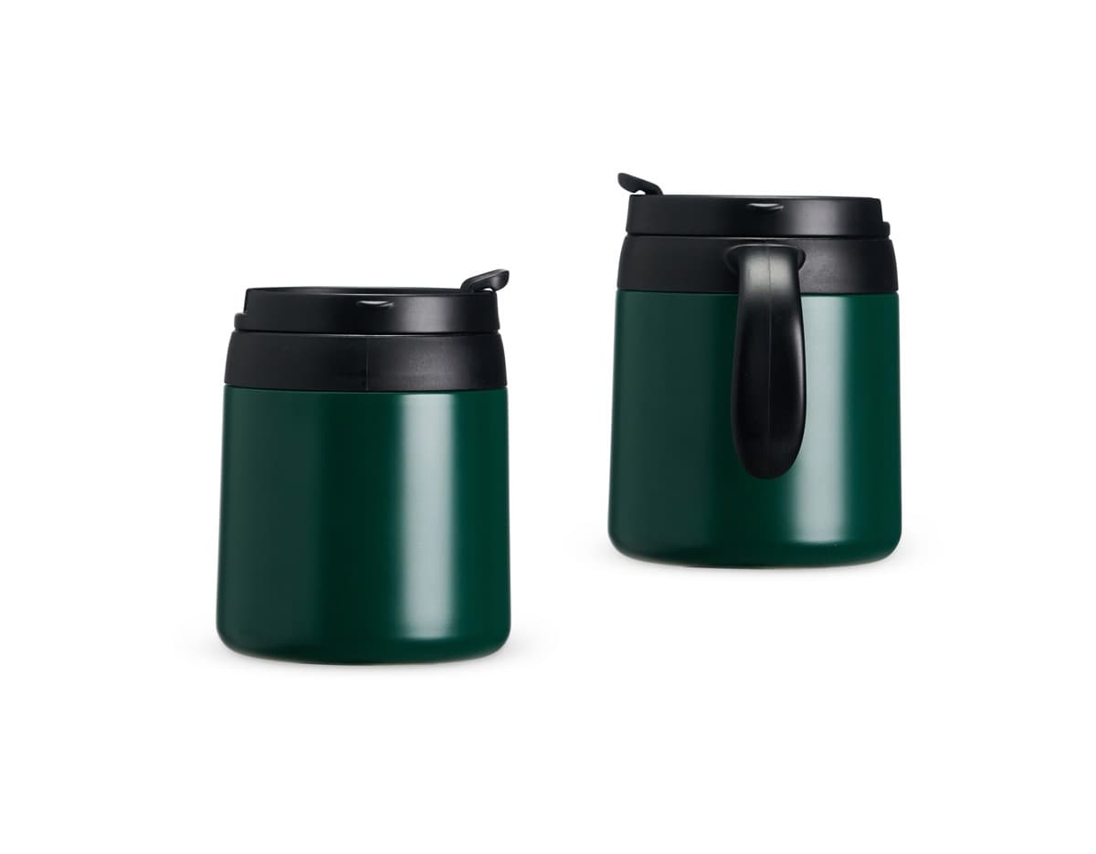 Caneca Térmica 350ml na cor azul, com tampa e alça para segurar.