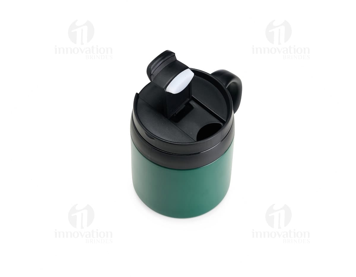 Caneca Térmica 350ml na cor azul, com tampa e alça para segurar.