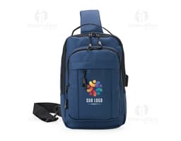 Mochila de ombro com bolsos, zíperes e entrada USB para carregamento de dispositivos eletrônicos. Cor preta e material