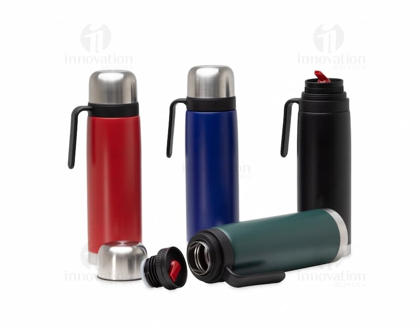 Garrafa Térmica Inox 900ml na cor prateada, com tampa rosqueável e alça para transporte.