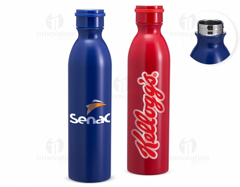 Garrafa Térmica 950ml em aço inoxidável prateado, com tampa de rosca e alça para transporte.