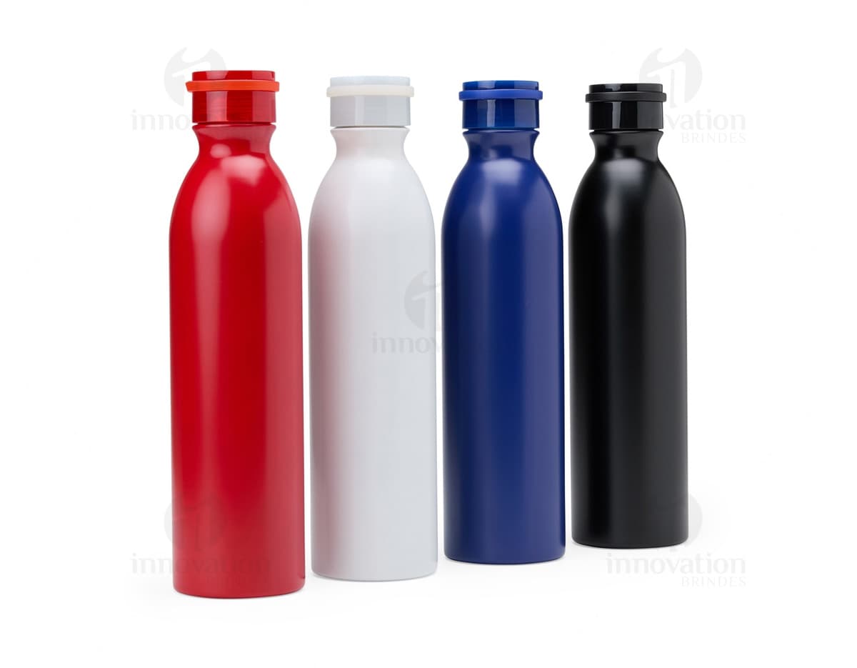 Garrafa Térmica 950ml em aço inoxidável prateado, com tampa de rosca e alça para transporte.