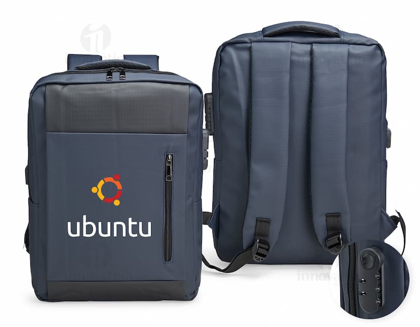 Mochila feita de material sintético PU em cor marrom, com detalhes de costura e bolsos frontais. Alças ajustáveis e fecho de zíper na parte principal.
