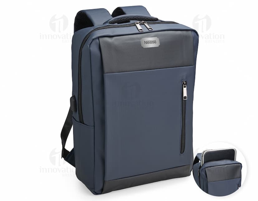 Mochila feita de material sintético PU em cor marrom, com detalhes de costura e bolsos frontais. Alças ajustáveis e fecho de zíper na parte principal.