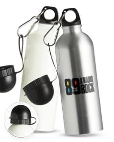 Squeeze de alumínio sublimático de 500ml, com design personalizado e tampa da cor preta.