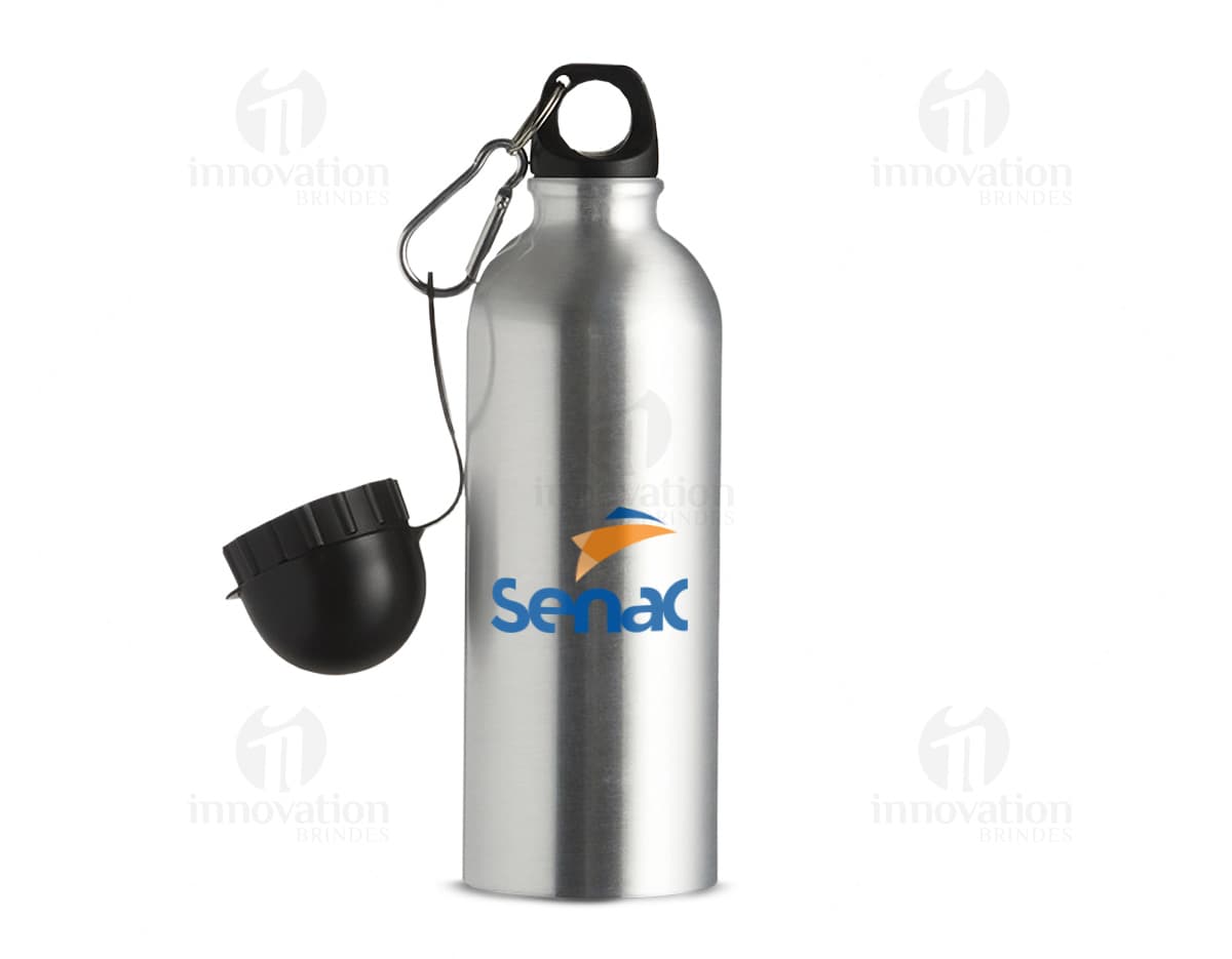Squeeze de alumínio sublimático de 500ml, com design personalizado e tampa da cor preta.