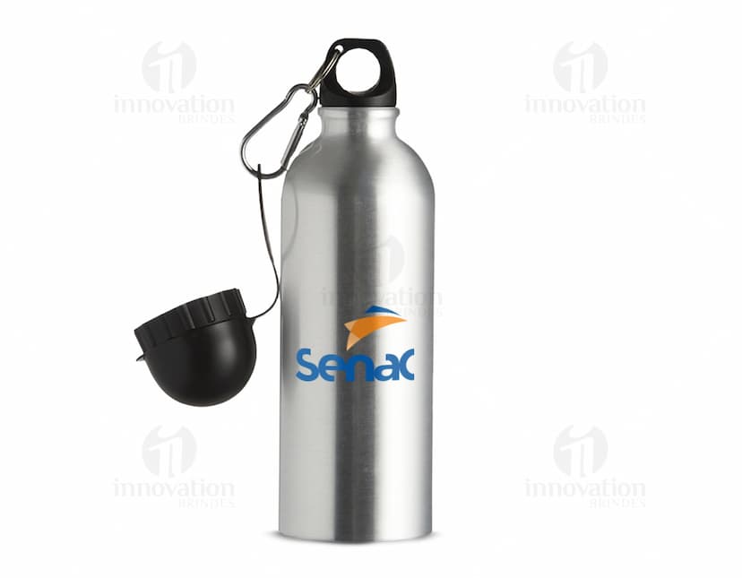 Squeeze de alumínio sublimático de 500ml, com design personalizado e tampa da cor preta.