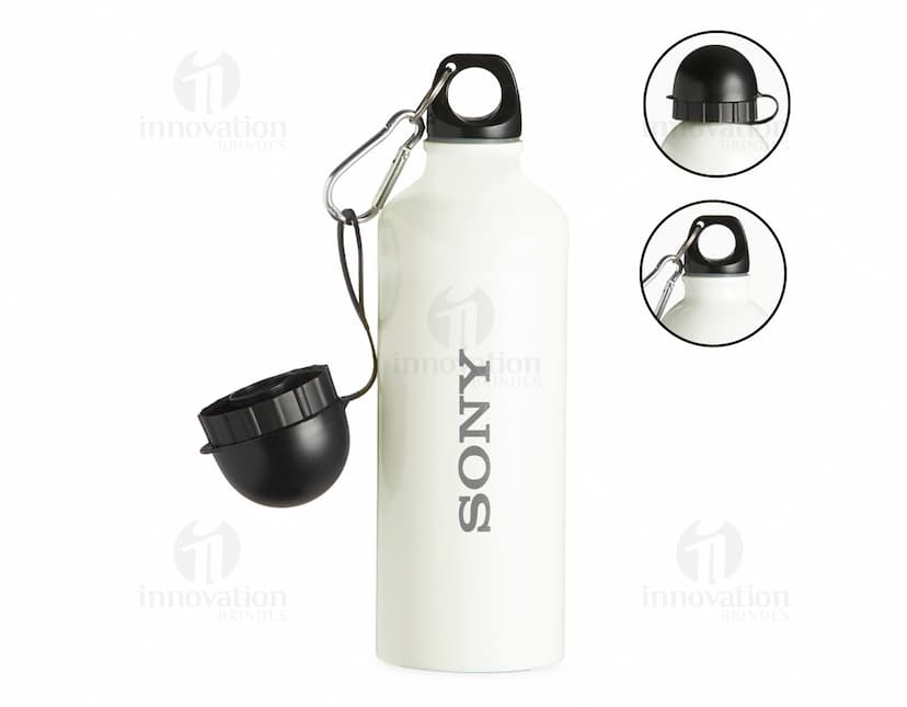 Squeeze de alumínio sublimático de 500ml, com design personalizado e tampa da cor preta.