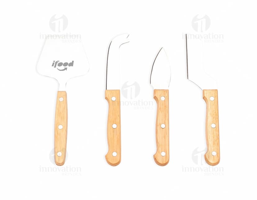 Kit Queijo 5 peças: Conjunto de utensílios para queijo, incluindo faca, garfo, espátula, faca de queijo duro e faca de queijo macio.