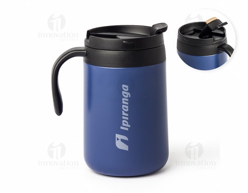 Caneca térmica de 500ml em aço inox com tampa e alça.