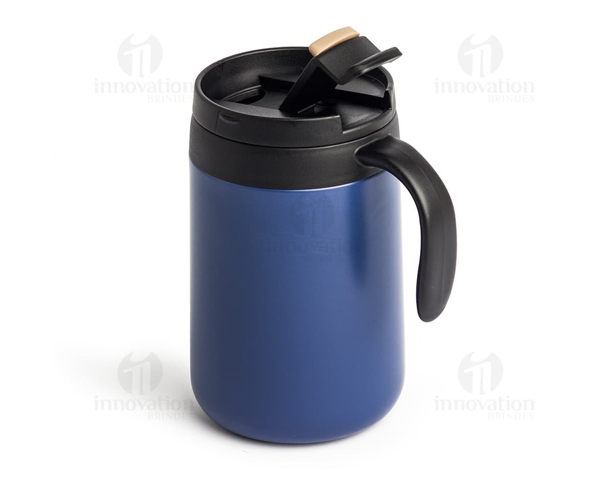 Caneca térmica de 500ml em aço inox com tampa e alça.