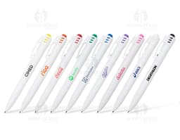 Black and silver plastic pen used as a writing instrument, with a sharp tip and simple design.