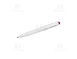 Black and silver plastic pen used as a writing instrument, with a sharp tip and simple design.