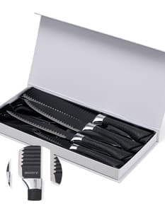 Kit Churrasco 6 Peças - Conjunto de utensílios para churrasco, contendo faca, garfo, espátula, pegador, escova e luva térmica. Apropriado para preparar e servir carnes grelhadas.