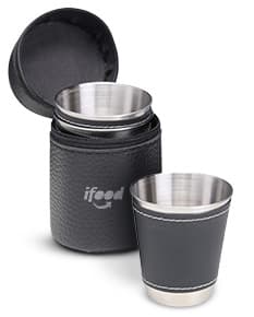 Kit Copo Inox 50ml 4 Peças, conjunto de quatro copos de aço inoxidável com capacidade de 50ml cada.