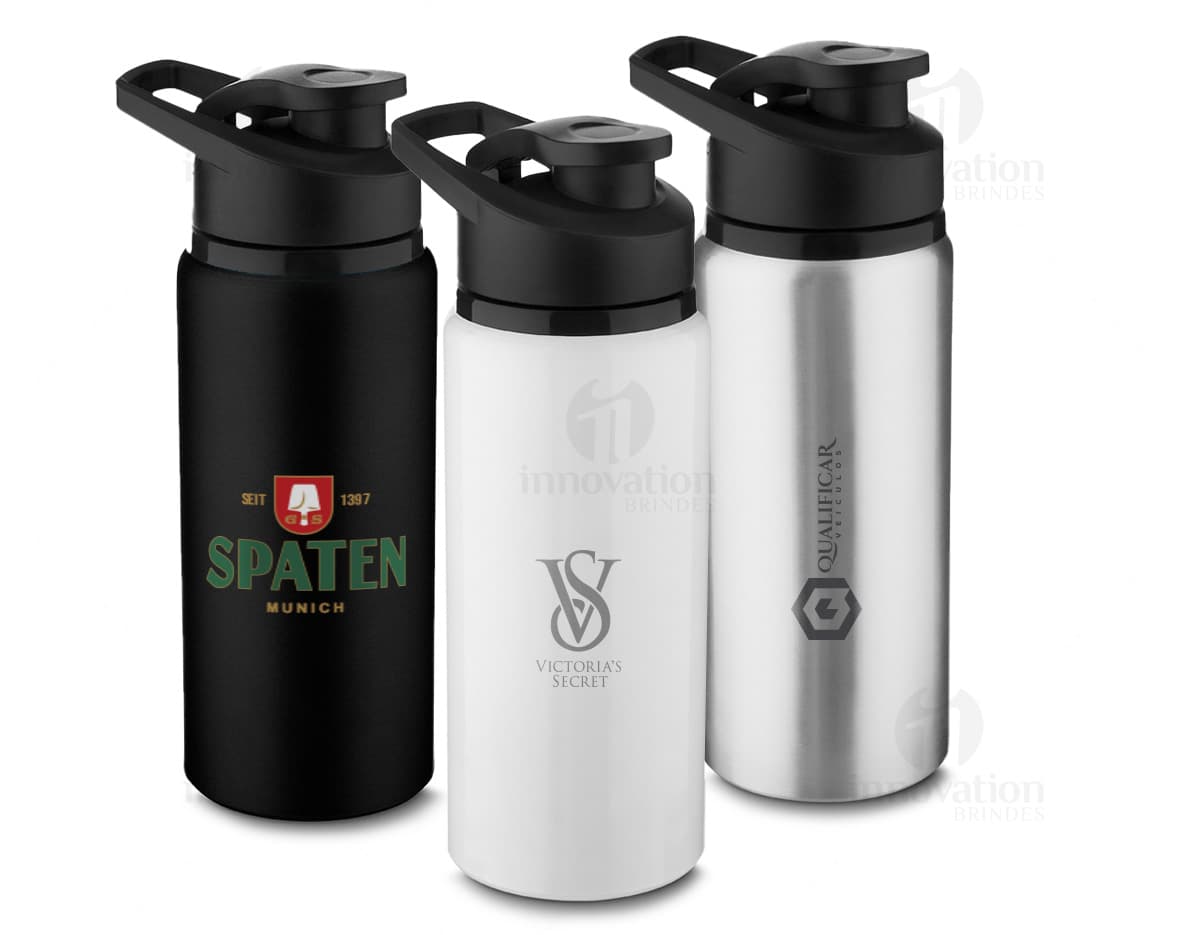 Garrafa em Alumínio de 650ml na cor prata, com tampa rosqueável e design moderno.