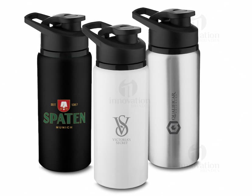 Garrafa em Alumínio de 650ml na cor prata, com tampa rosqueável e design moderno.
